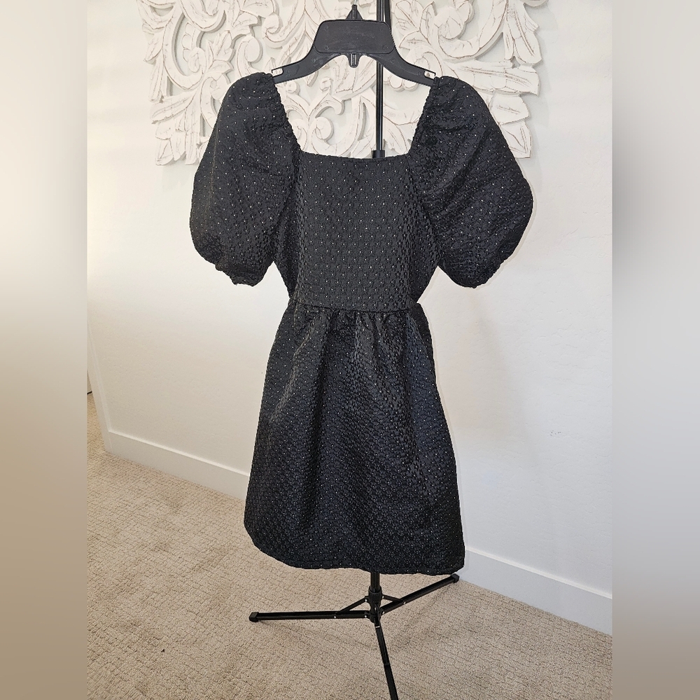 NWT Copper Key Girls Blk Textured w/Gold Accent & Puff Sleeve Formal Dress LG